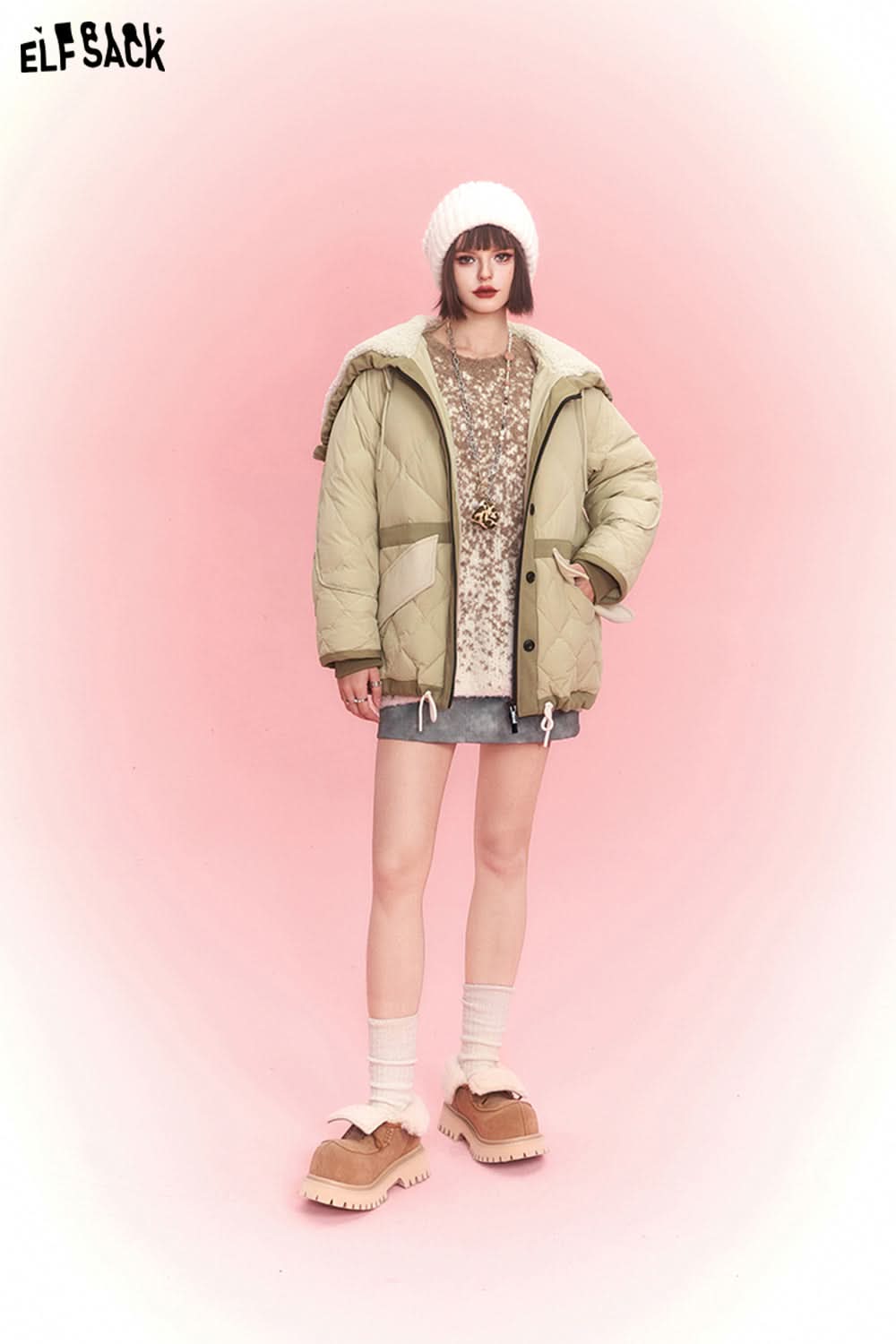 ELFSACK Spliced Thicken Hooded Down Coats Women Chinese Fashion Designer Jackets