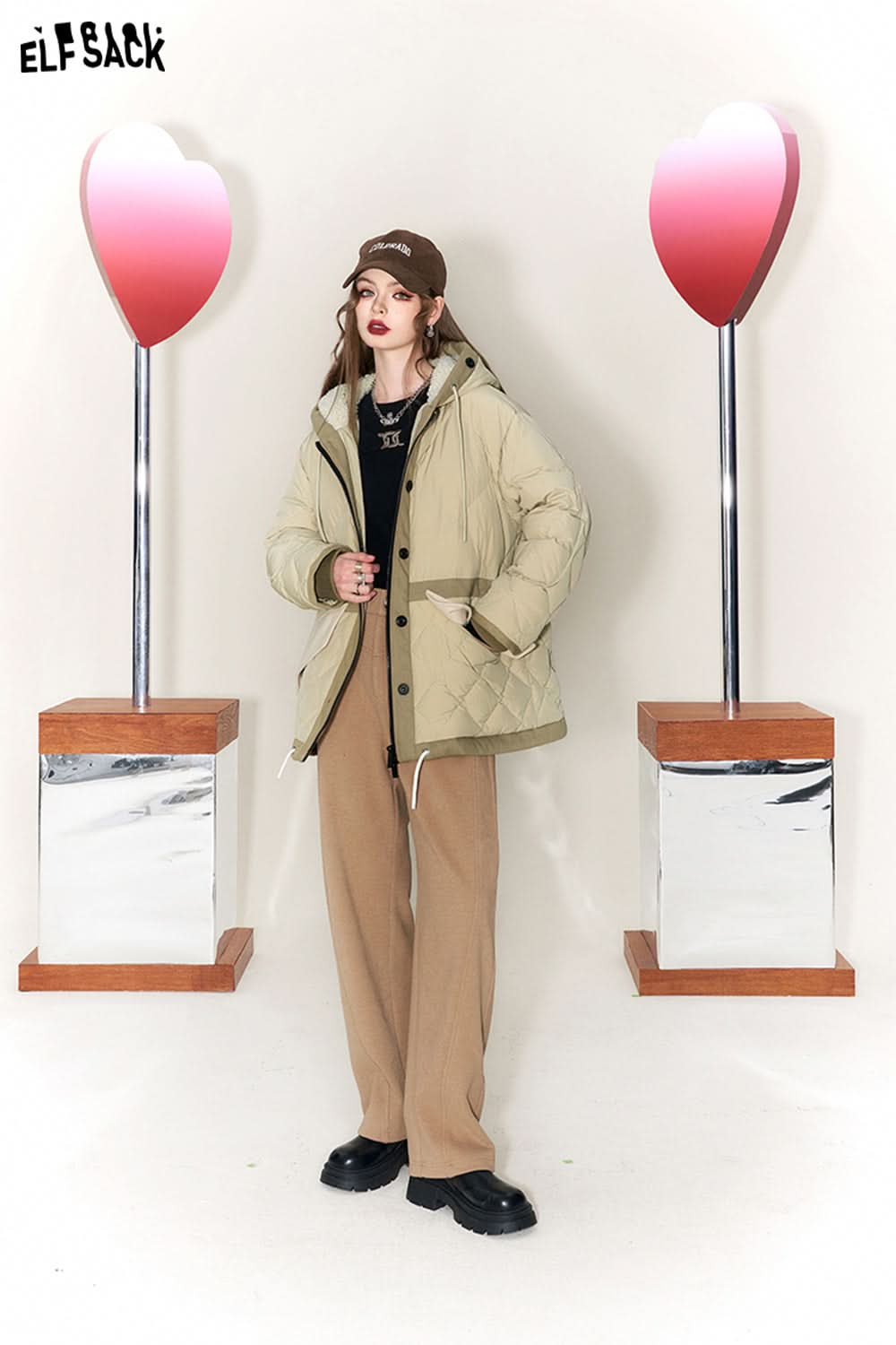ELFSACK Spliced Thicken Hooded Down Coats Women Chinese Fashion Designer Jackets
