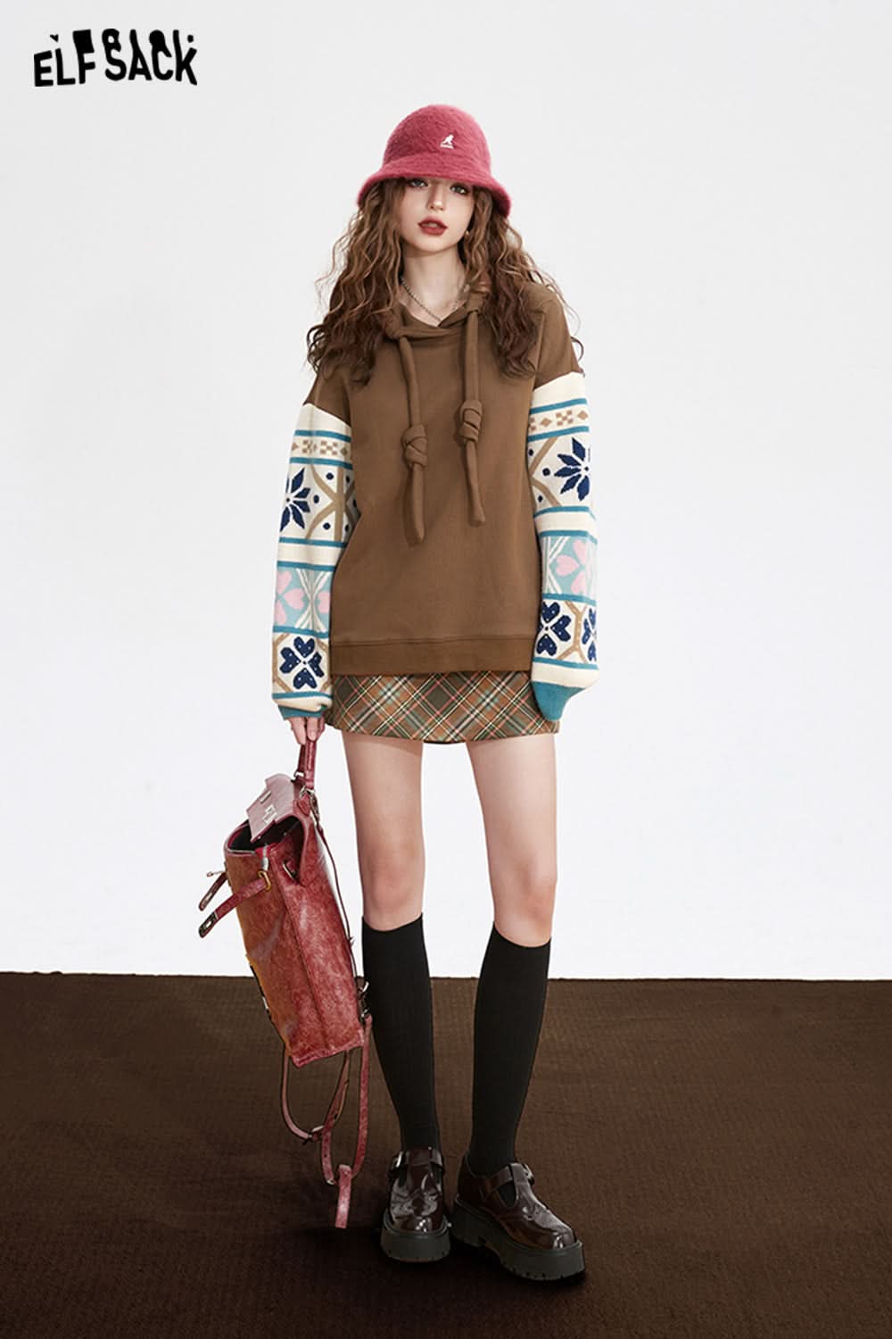 ELFSACK High Waist Plaid Glove Suede Skirt Women Basic Bottom