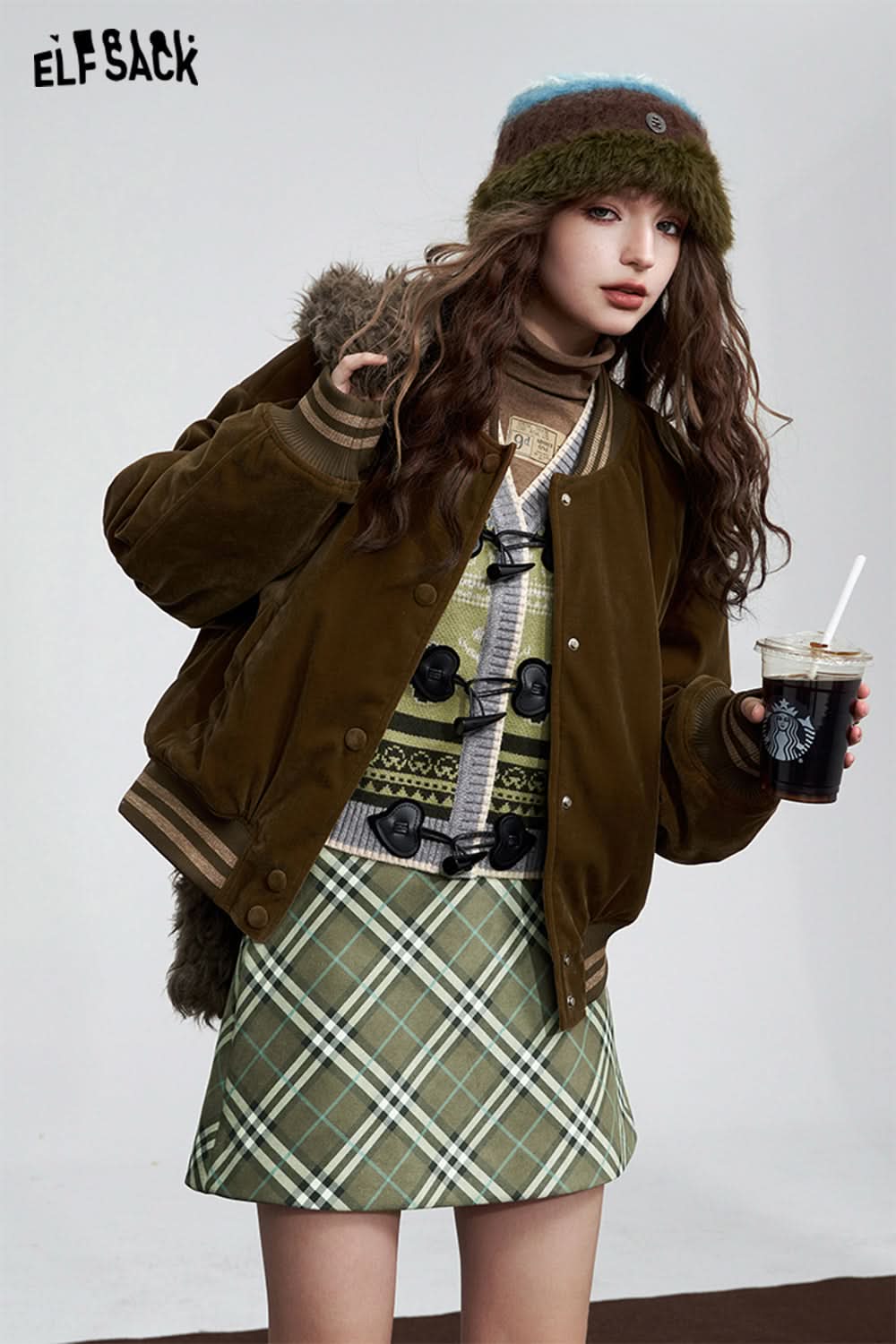 ELFSACK High Waist Plaid Glove Suede Skirt Women Basic Bottom