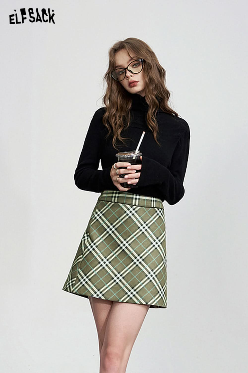ELFSACK High Waist Plaid Glove Suede Skirt Women Basic Bottom