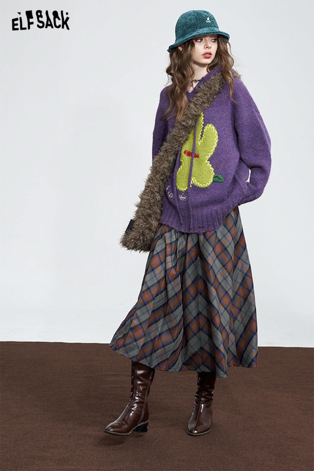 ELFSACK Checkered Pleated Skirt Woman Academic Style Casual Daily Skirt