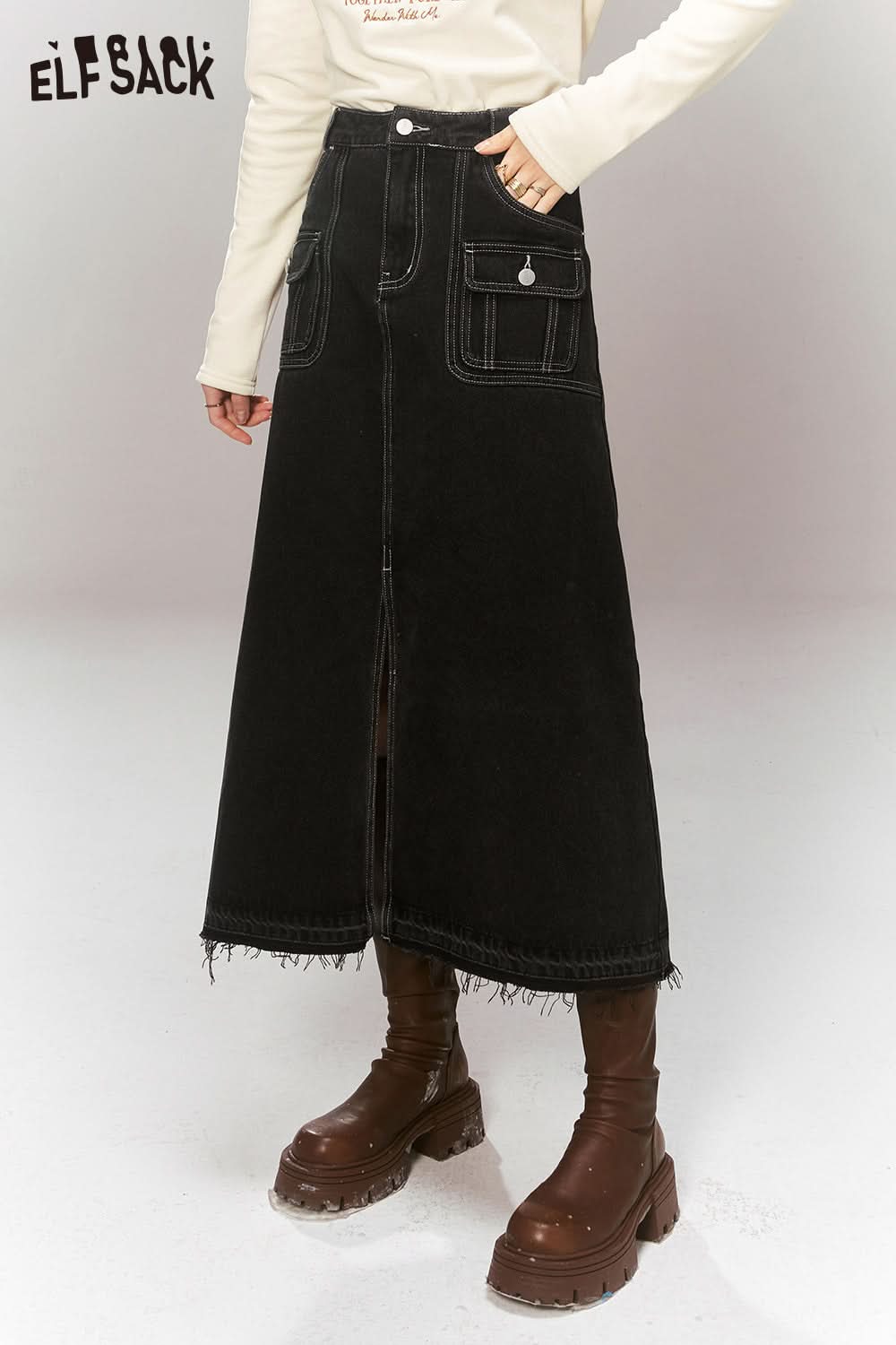 ELFSACK High Waist Denim Skirt Women Korean Fashion Bottom