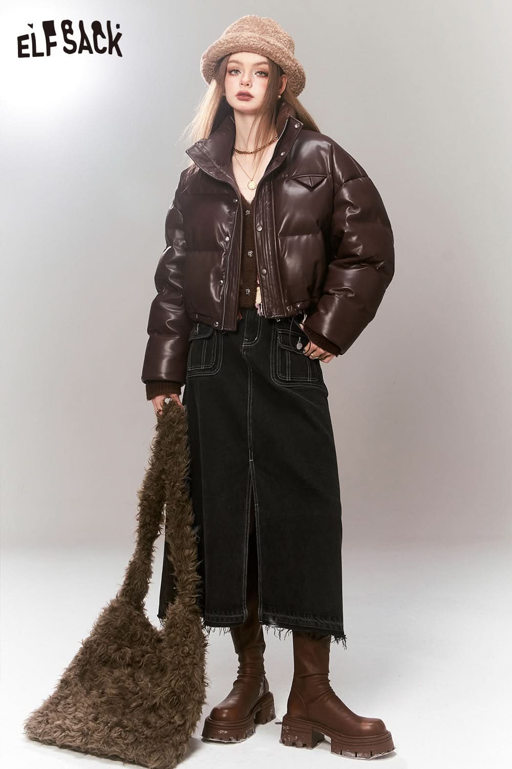ELFSACK High Waist Denim Skirt Women Korean Fashion Bottom