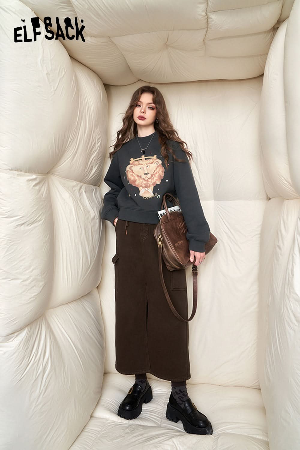 ELFSACK High Waist Cargo Split Skirt Women Korean Fashion Bottom