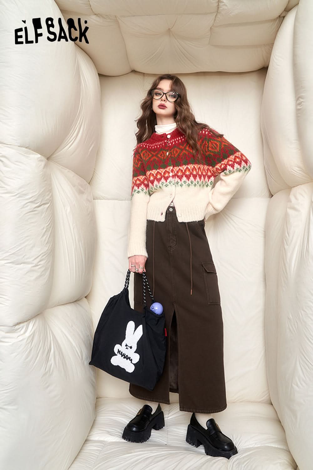 ELFSACK High Waist Cargo Split Skirt Women Korean Fashion Bottom