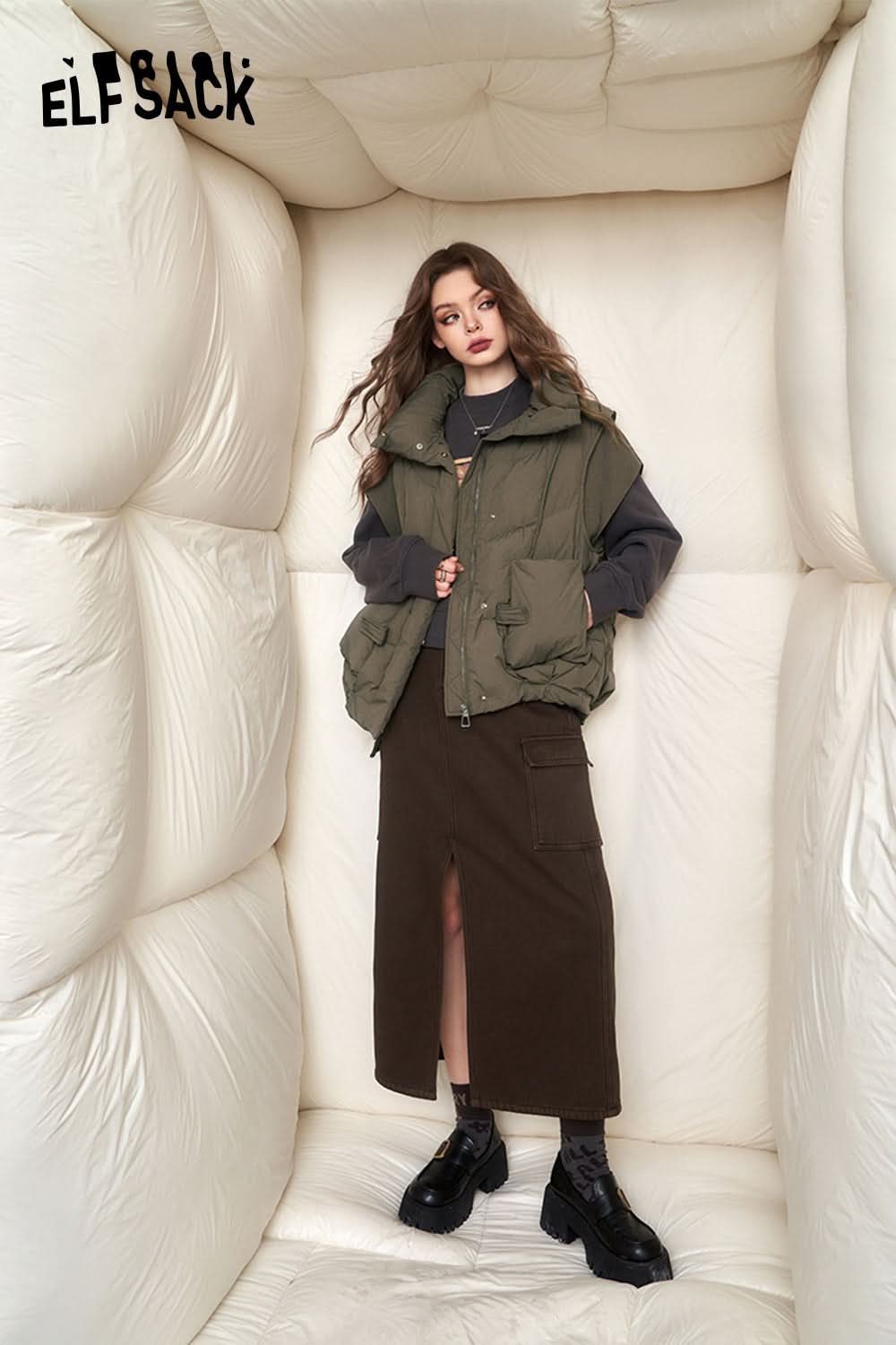 ELFSACK High Waist Cargo Split Skirt Women Korean Fashion Bottom