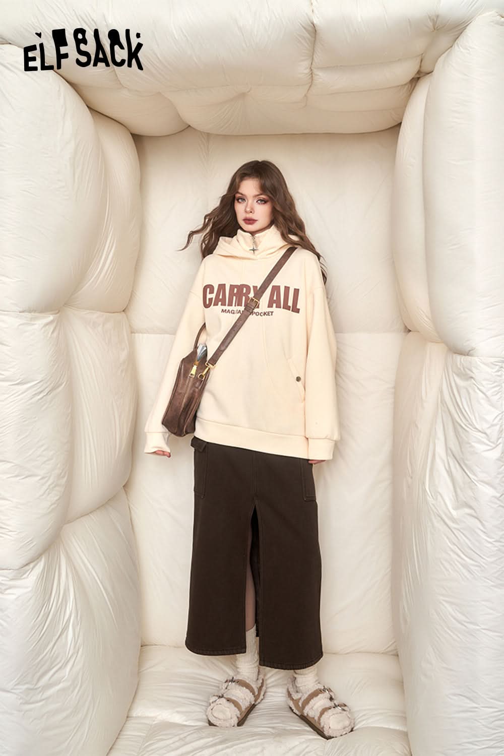 ELFSACK High Waist Cargo Split Skirt Women Korean Fashion Bottom
