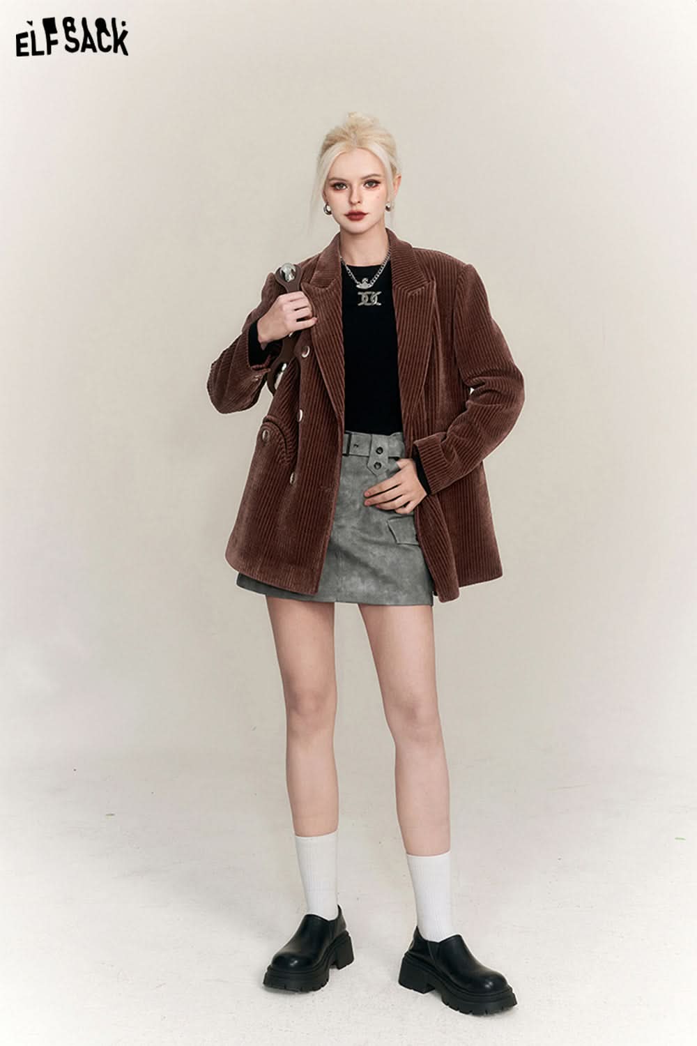 ELFSACK Chenille Brown Suit Jackets Women Retro Designer Coats
