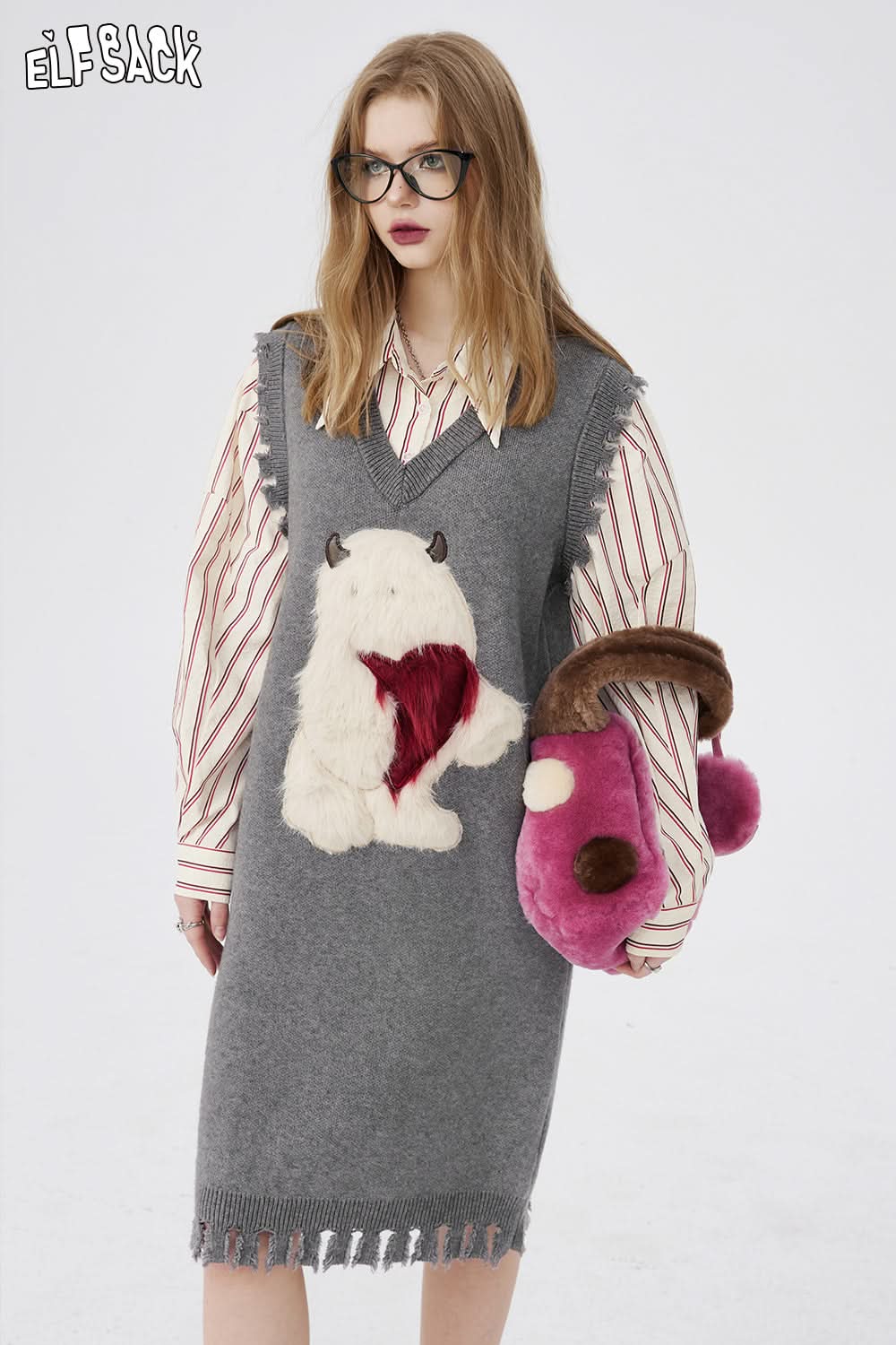 ELFSACK Fake Two-piece V-neck Long Sleeve Knitted Dress Spring Designed Dresses