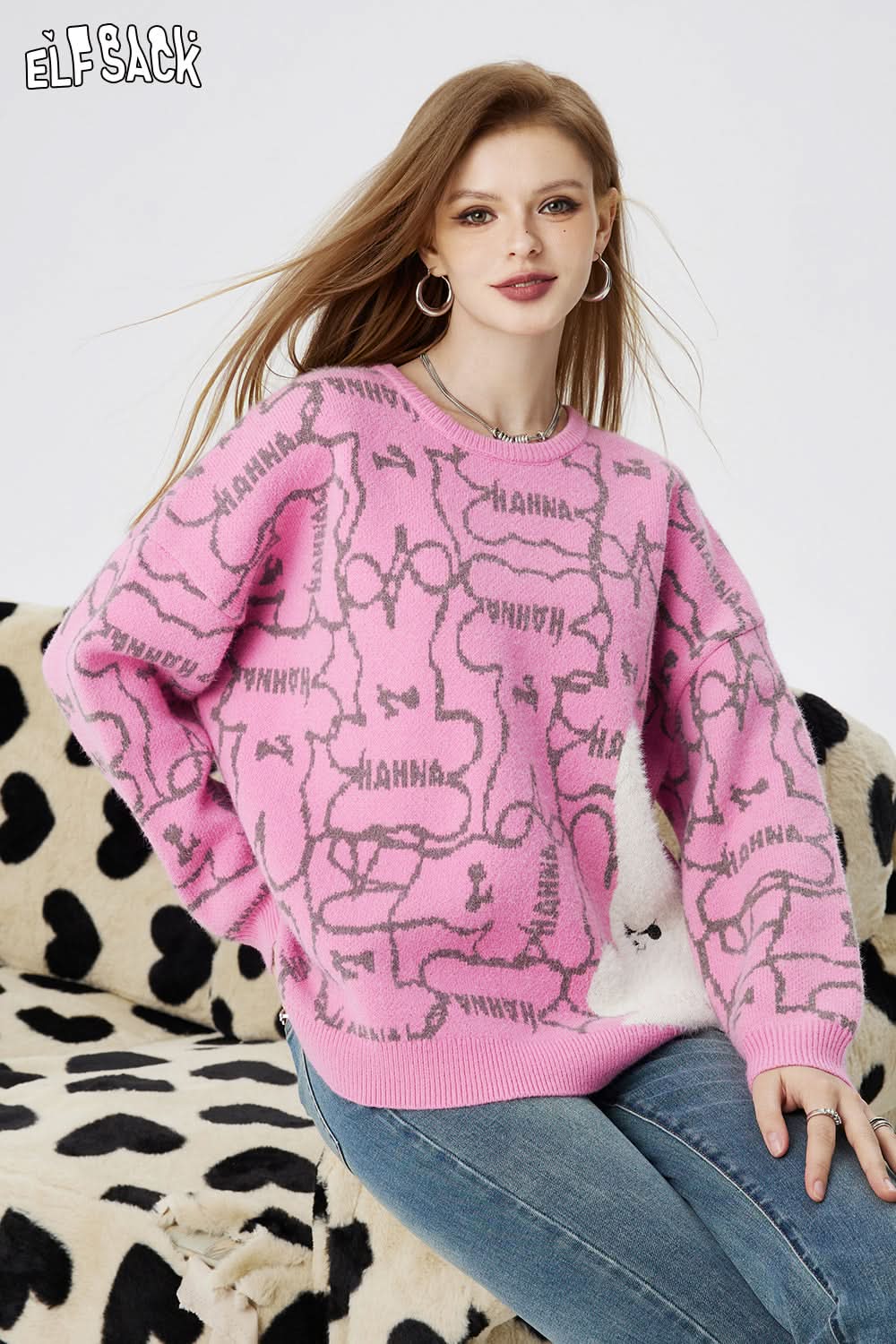 ELFSACK Pullover Sweaters Embroidery Print long sleeves y2k Spring Loose Basic Daily Tops