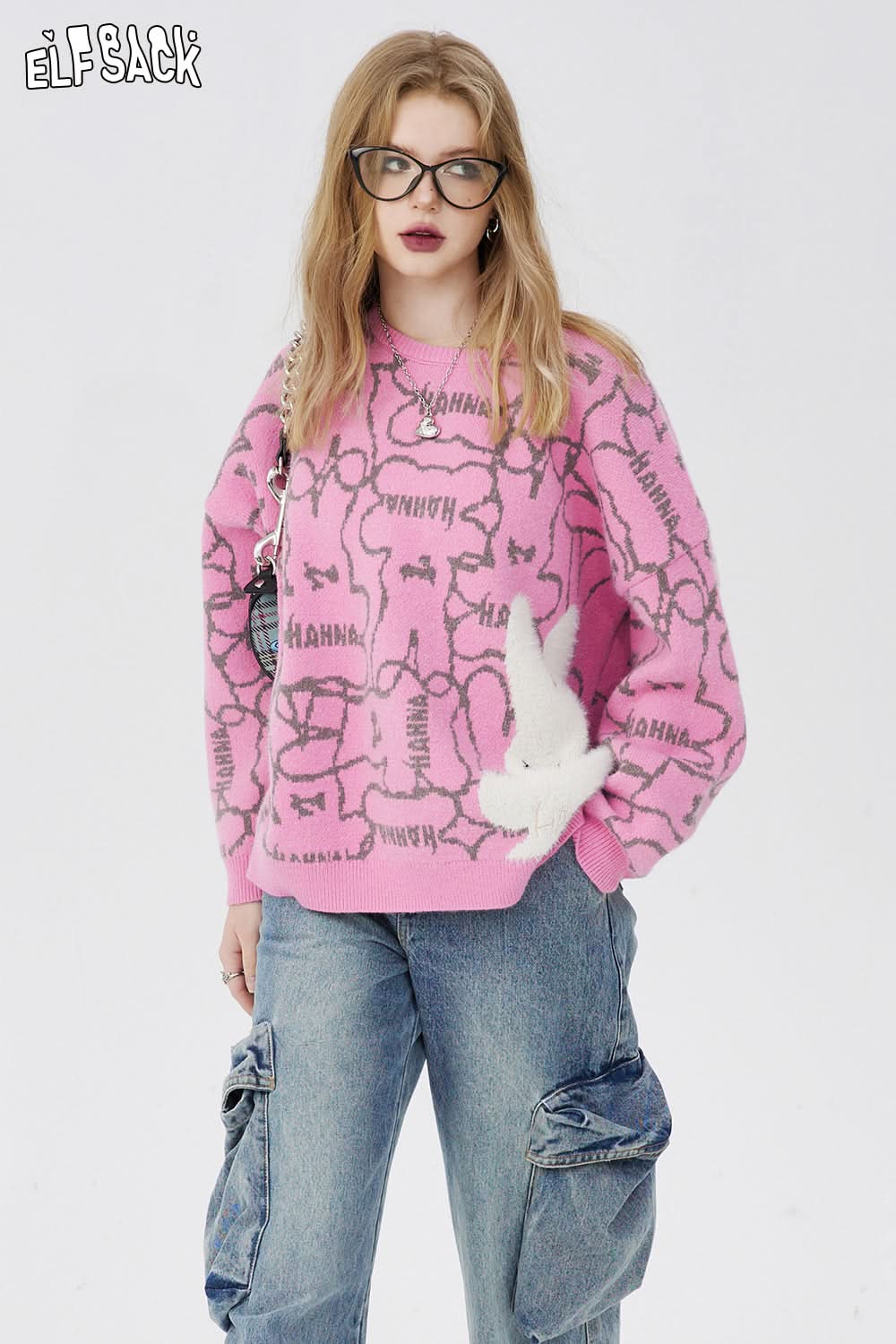 ELFSACK Pullover Sweaters Embroidery Print long sleeves y2k Spring Loose Basic Daily Tops