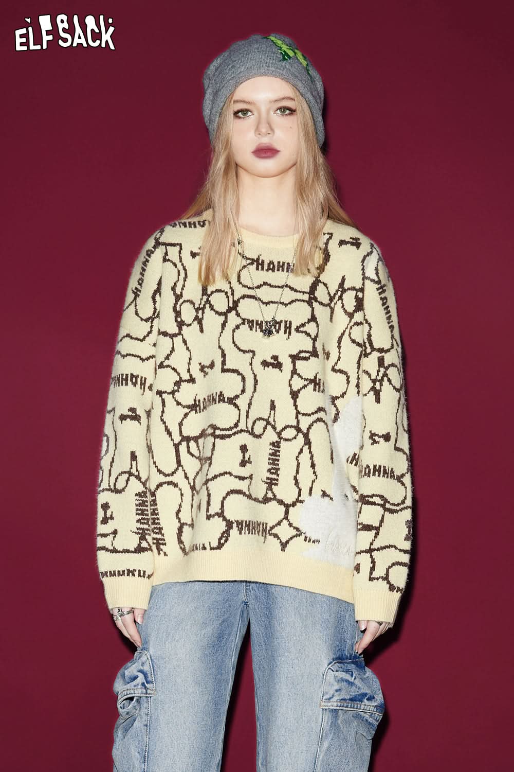 ELFSACK Pullover Sweaters Embroidery Print long sleeves y2k Spring Loose Basic Daily Tops