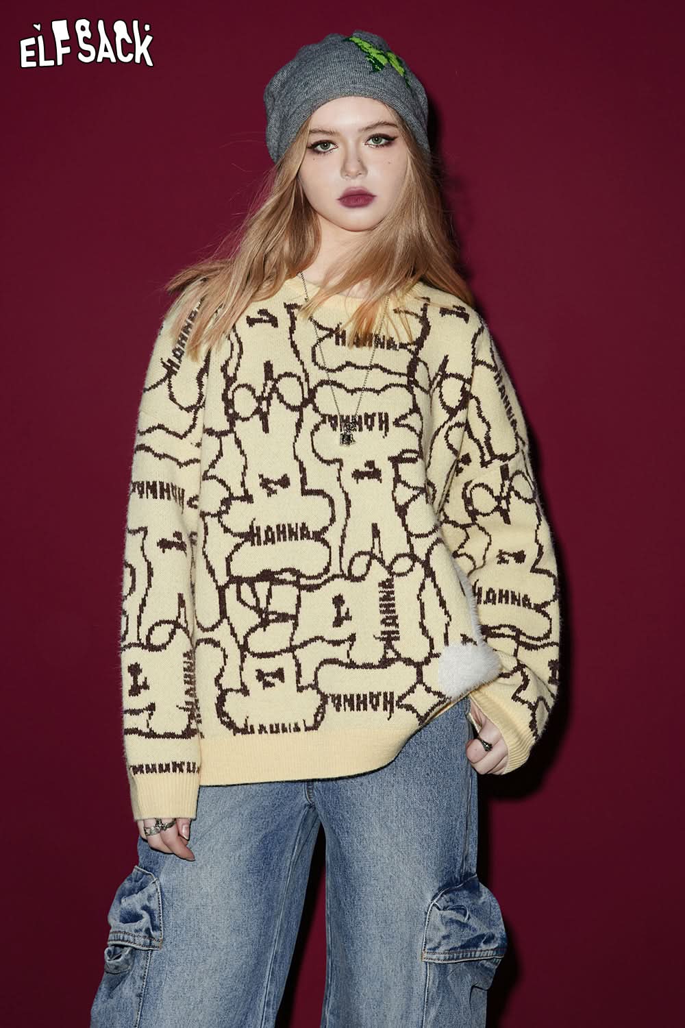 ELFSACK Pullover Sweaters Embroidery Print long sleeves y2k Spring Loose Basic Daily Tops