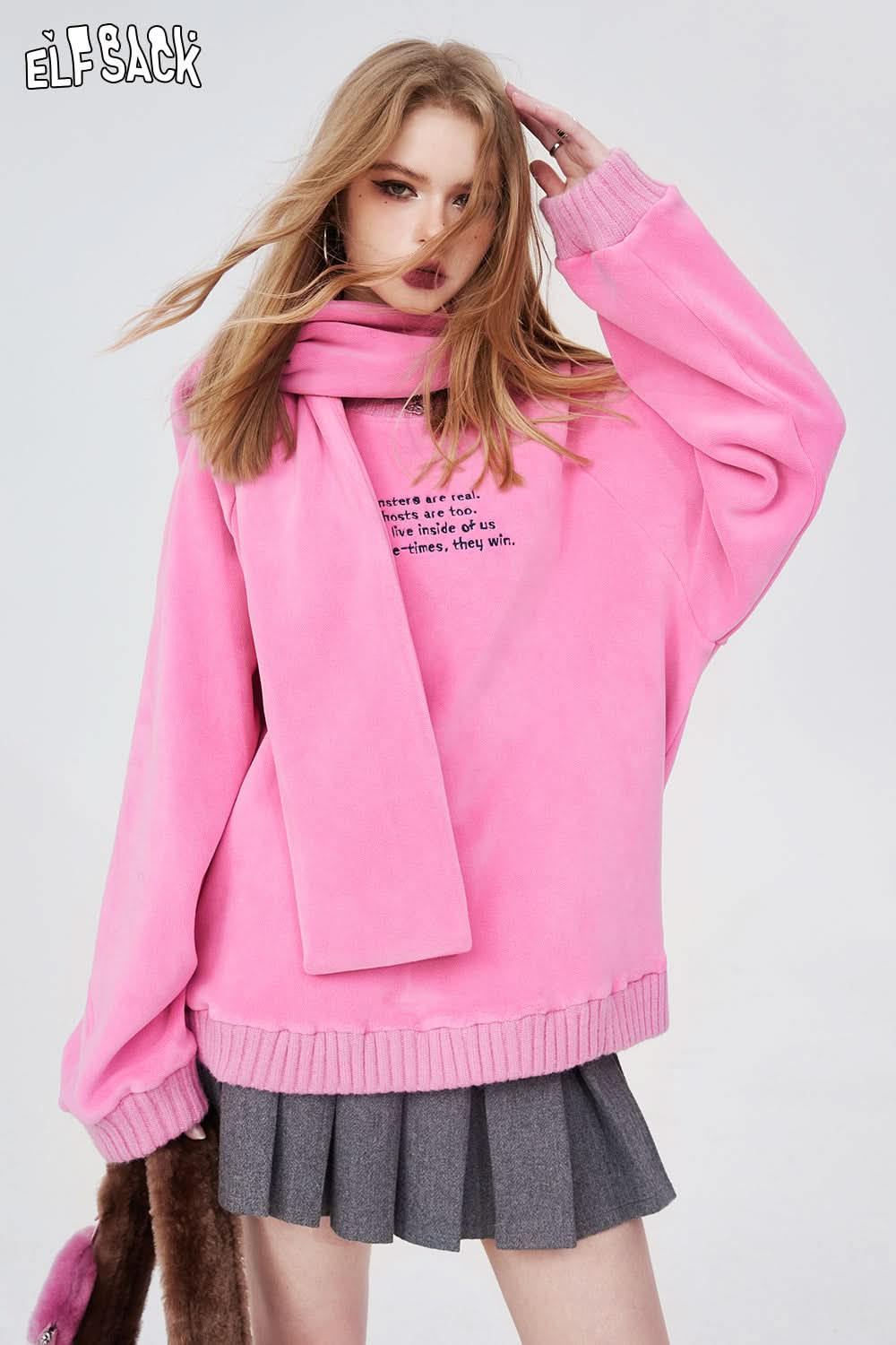 ELFSACK Lightweight Rabbit Hoodied Sweatshirt Free Scarf Y2k Cute Sweet Long Sleeve Dressy Casual Tops Spring New