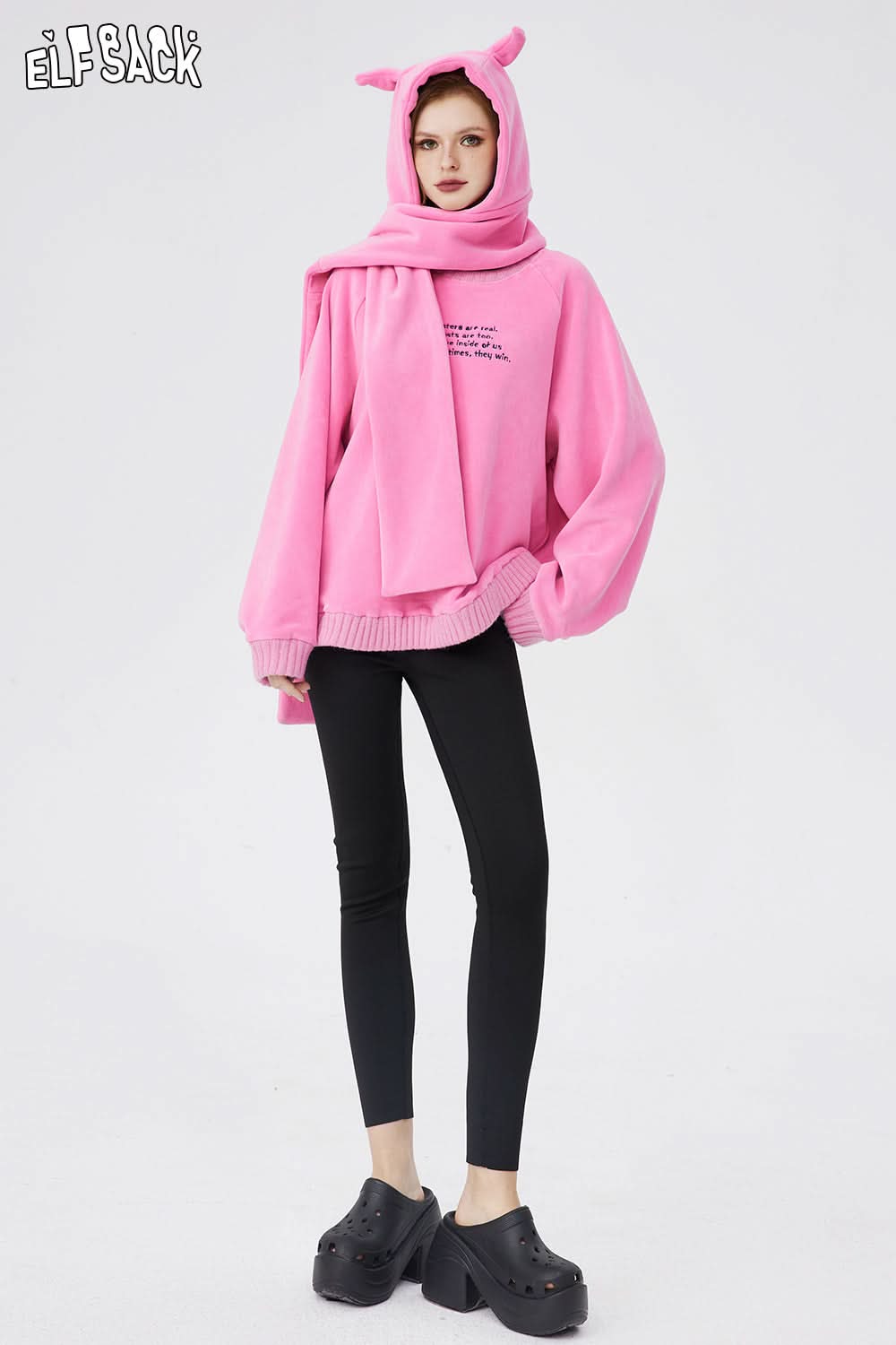 ELFSACK Lightweight Rabbit Hoodied Sweatshirt Free Scarf Y2k Cute Sweet Long Sleeve Dressy Casual Tops Spring New