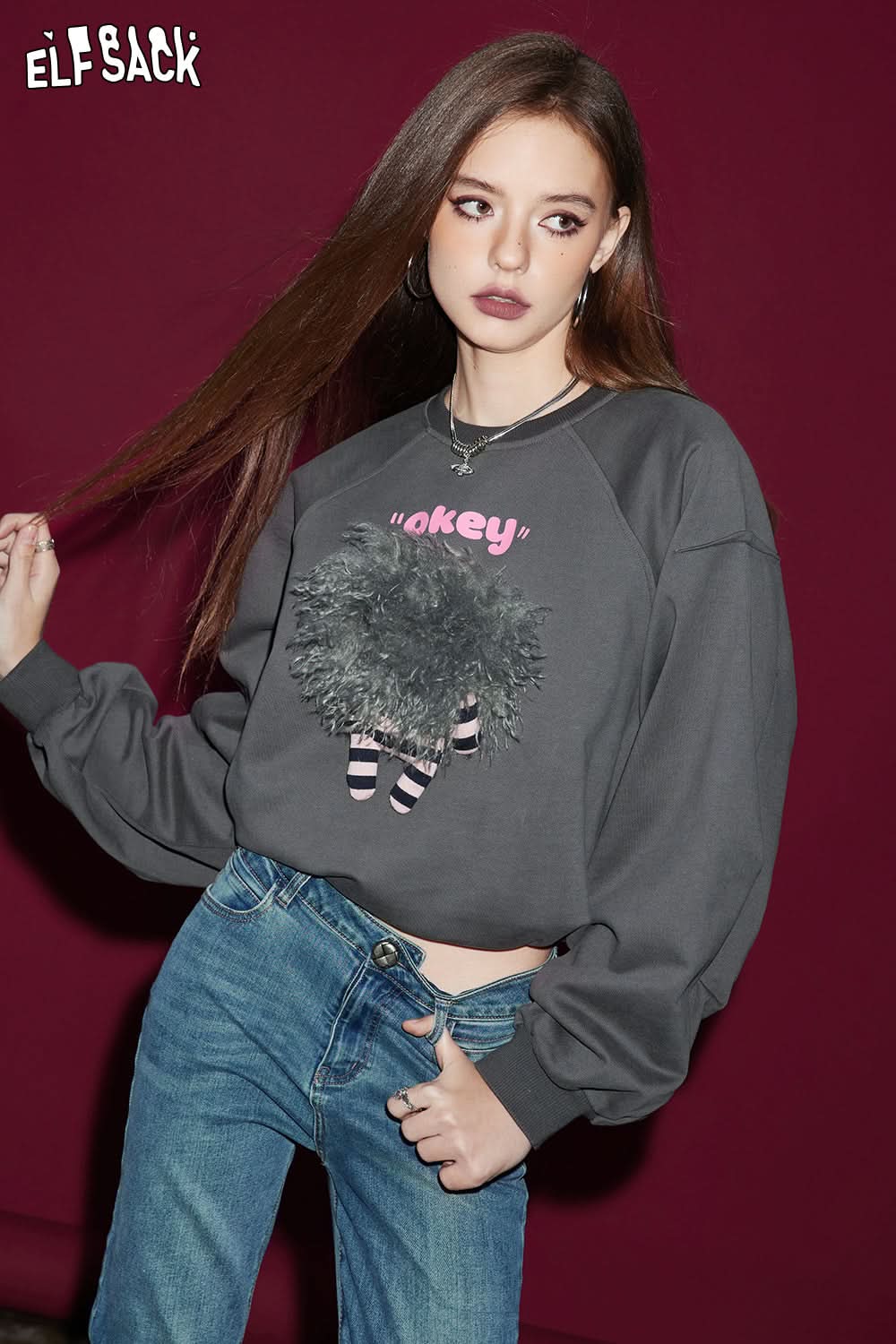 ELFSACK Pullover Sweateshirt Monster Print long sleeves y2k Spring Loose Basic Daily Tops