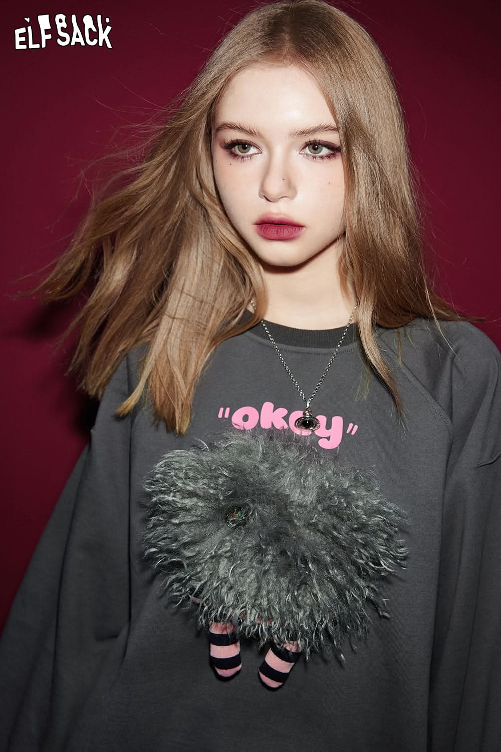 ELFSACK Pullover Sweateshirt Monster Print long sleeves y2k Spring Loose Basic Daily Tops