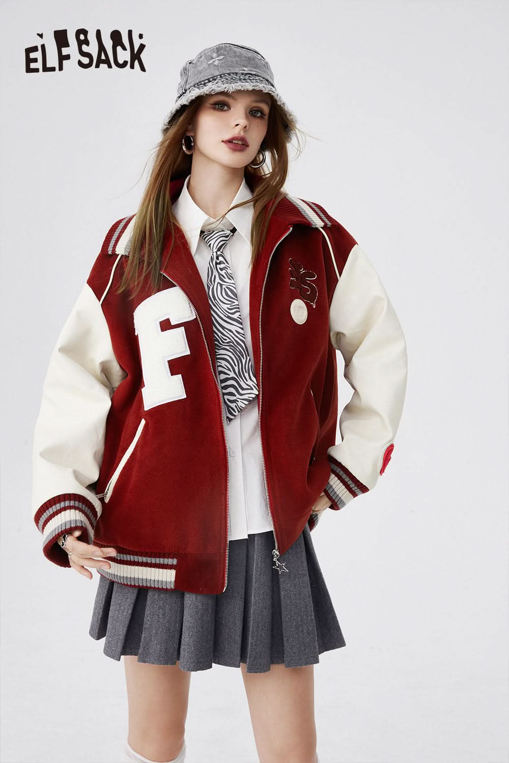 ELFSACK American Trend Stitching Baseball Uniform Youth Embroidered Loose Jacket Letter Striped Collar Windproof Outfit