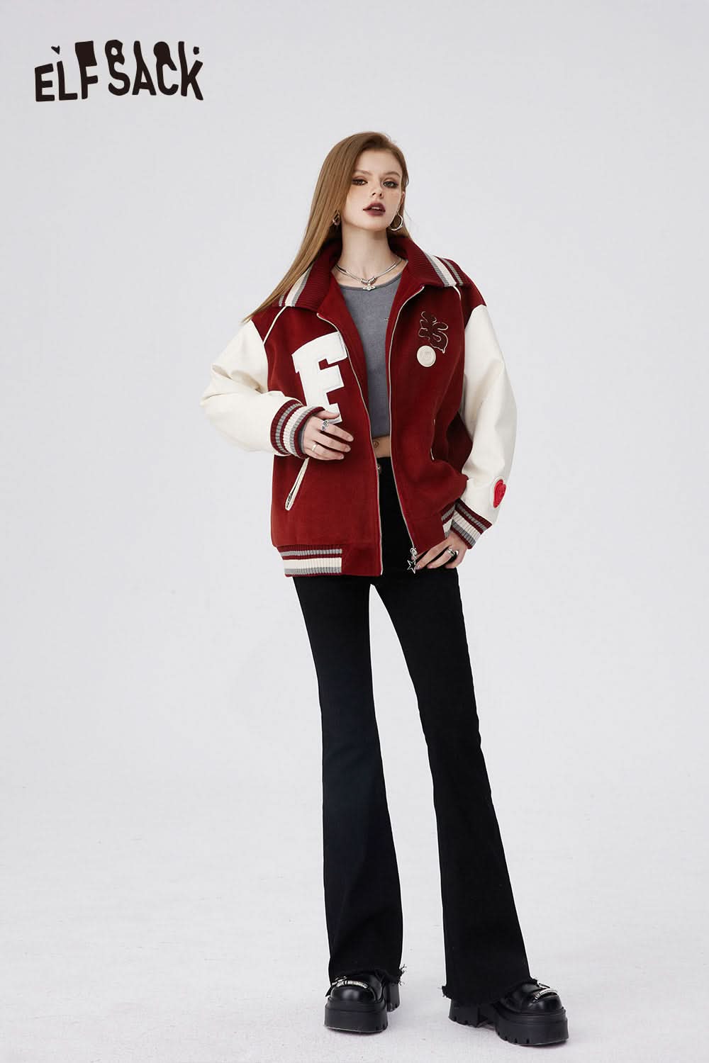 ELFSACK American Trend Stitching Baseball Uniform Youth Embroidered Loose Jacket Letter Striped Collar Windproof Outfit