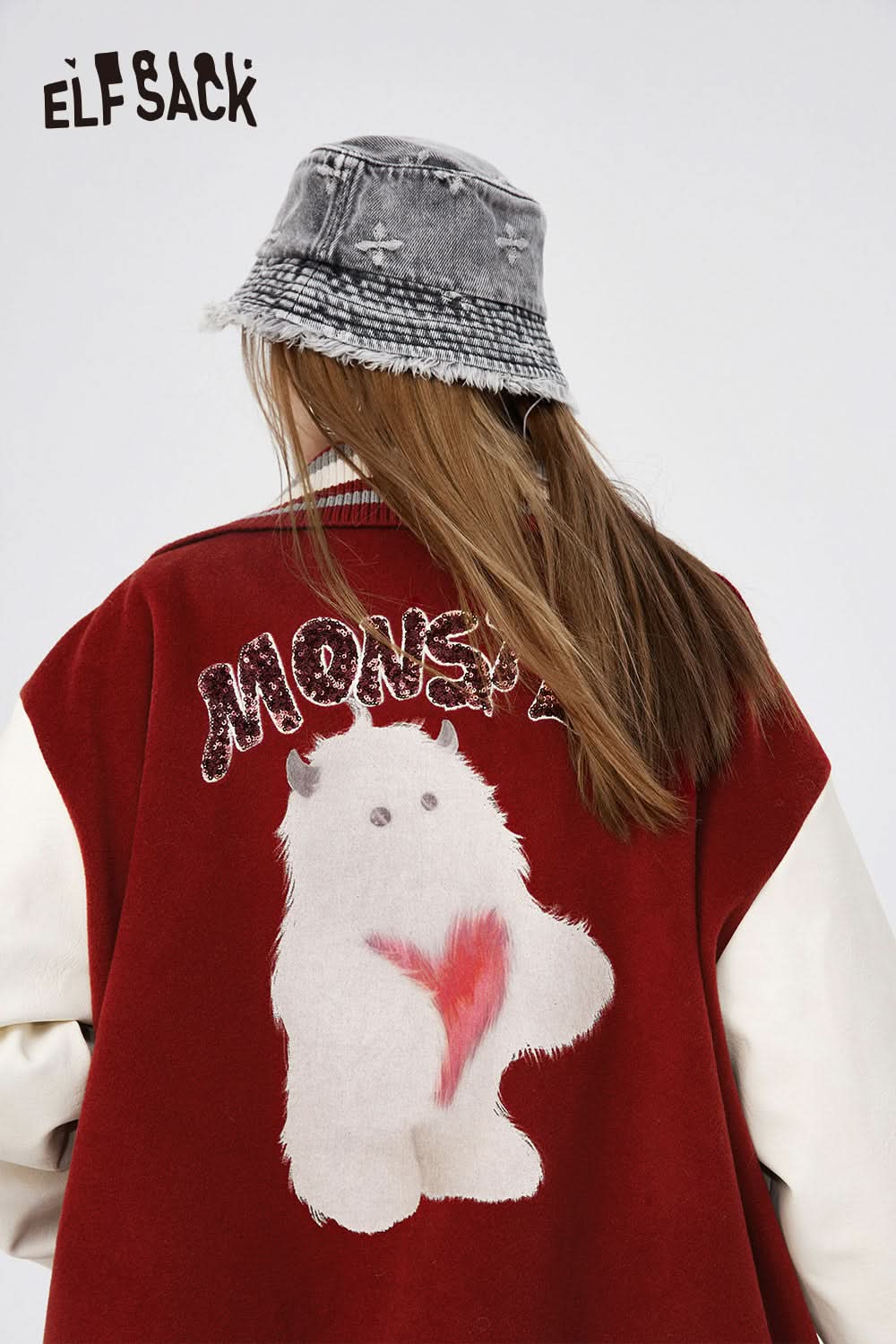 ELFSACK American Trend Stitching Baseball Uniform Youth Embroidered Loose Jacket Letter Striped Collar Windproof Outfit