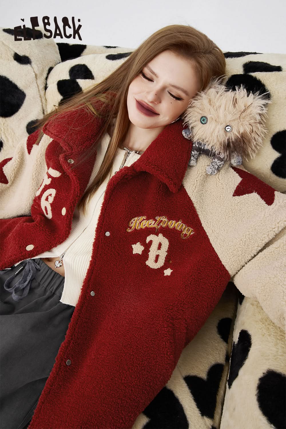 ELFSACK Korean Warm Plush Jacket Spring/Winter Loose Plush Thickened Cotton Zipper Overcoat