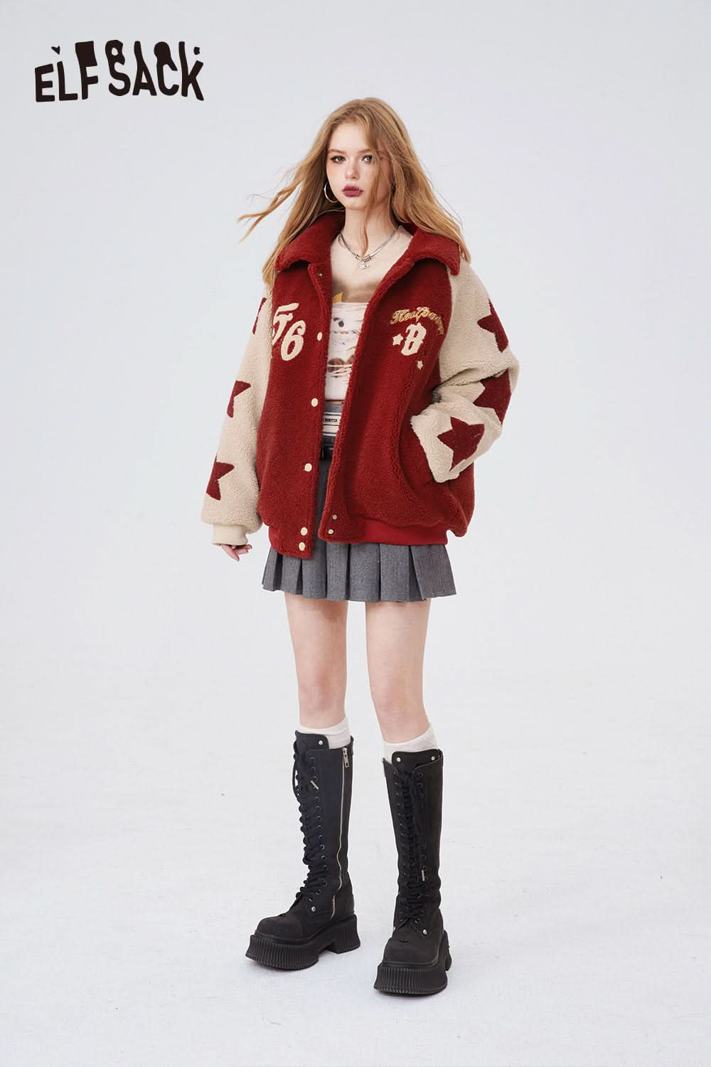 ELFSACK Korean Warm Plush Jacket Spring/Winter Loose Plush Thickened Cotton Zipper Overcoat