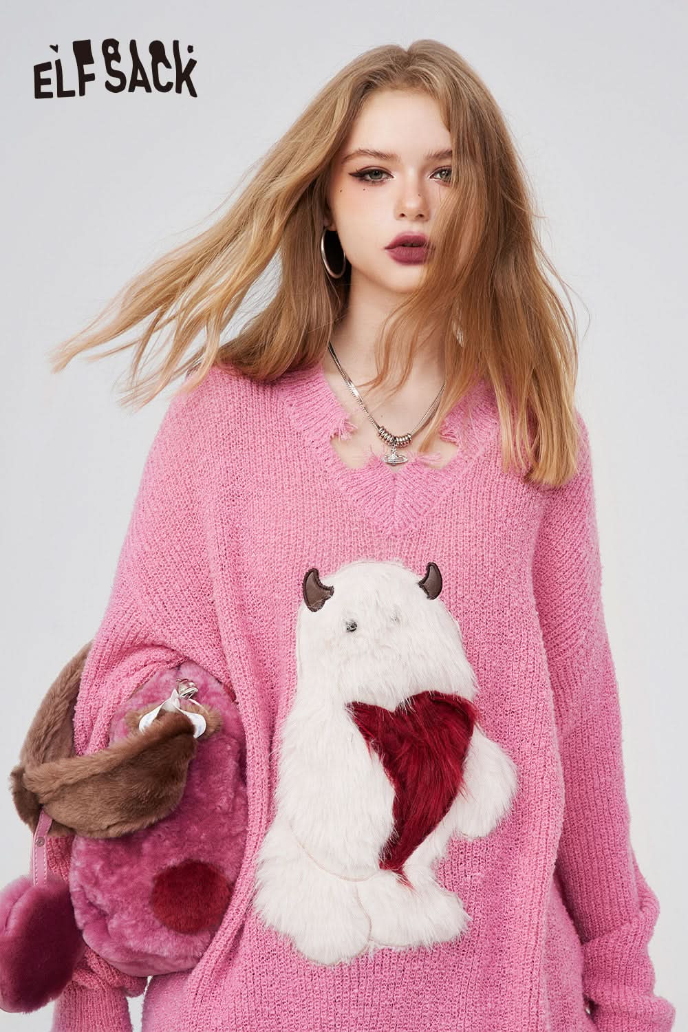ELFSACK Underwear Women Bottoming Shirt Spring Slim Basic Long-Sleeved Knit T-Shirt Loose Heart Embroidered Spring New
