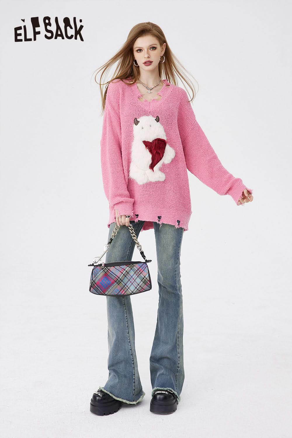 ELFSACK Women Jeans Retro Fashion Casual Straight Leg Pants High Waisted Loose Wide Leg Trousers Women'S Y2K Street Denim Pants