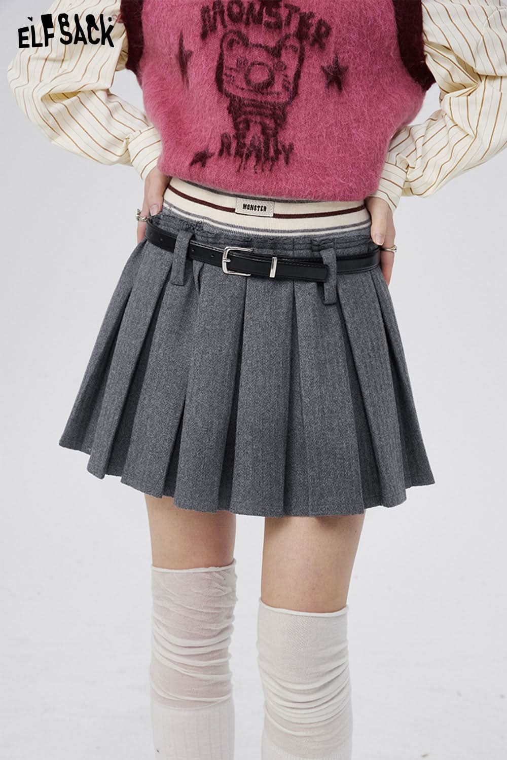 ELFSACK High Waist Woolen Skirts Womens Sexy Mini Skirts Vintage Pleated Skirt Korean Tennis Skirts Short Spring New