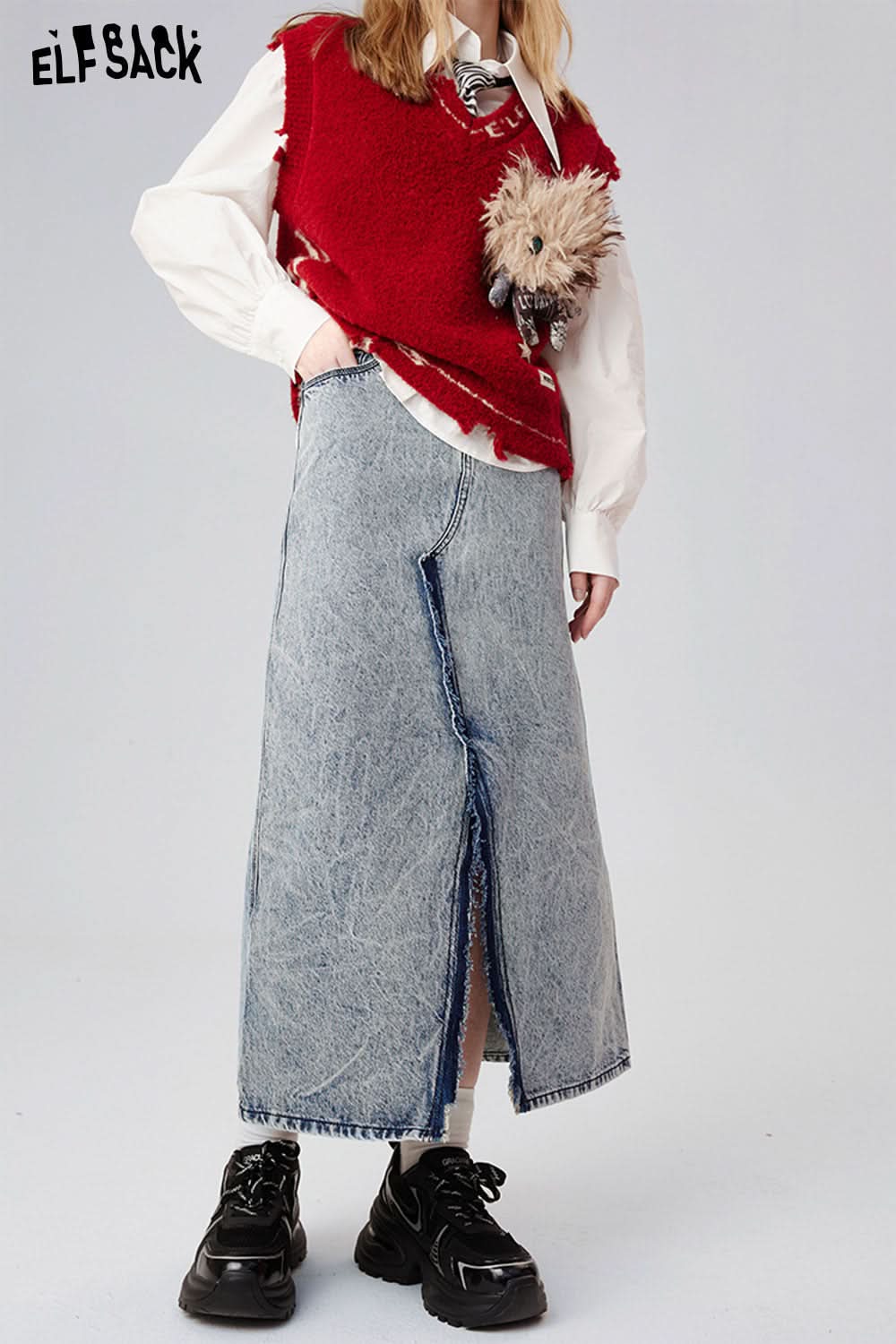 ELFSACK Open Half Denim Skirt Women Y2k High Waist Long Skirt Female Package Hip Skirt Jean Skirts Long Tyle Harajuku