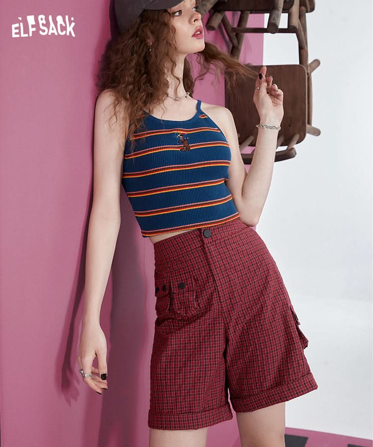 ELFSACK Red Plaid High Waist Shorts