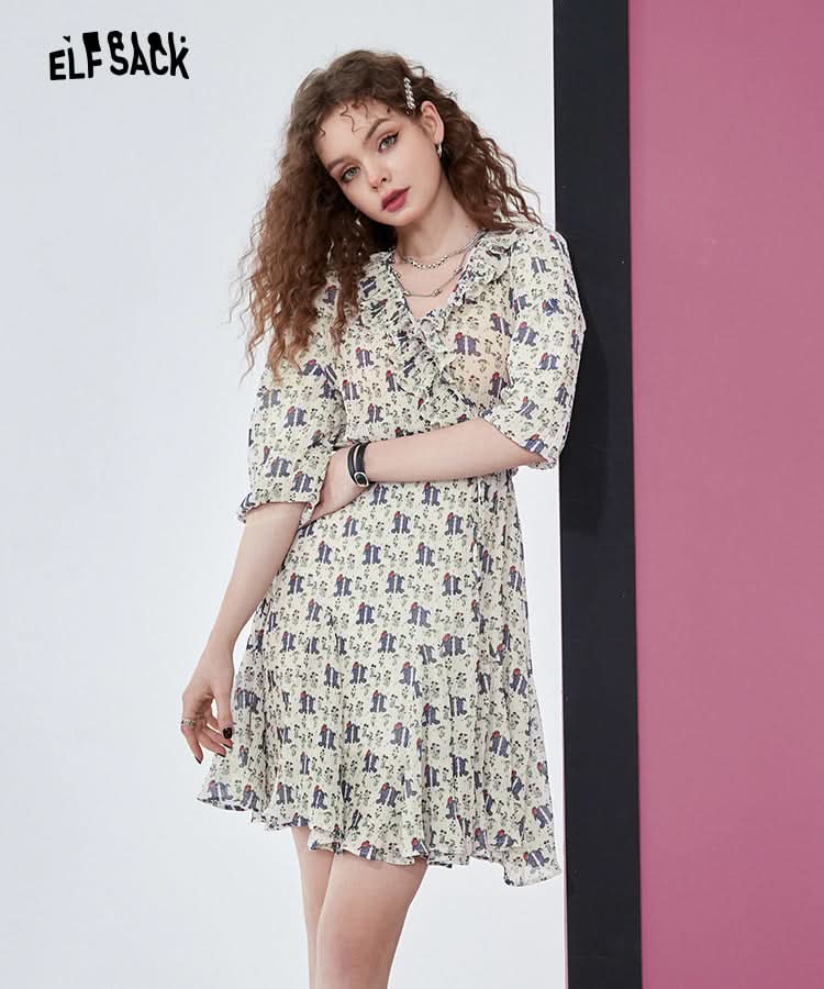 ELFSACK Full Pringting Chiffon Dresses