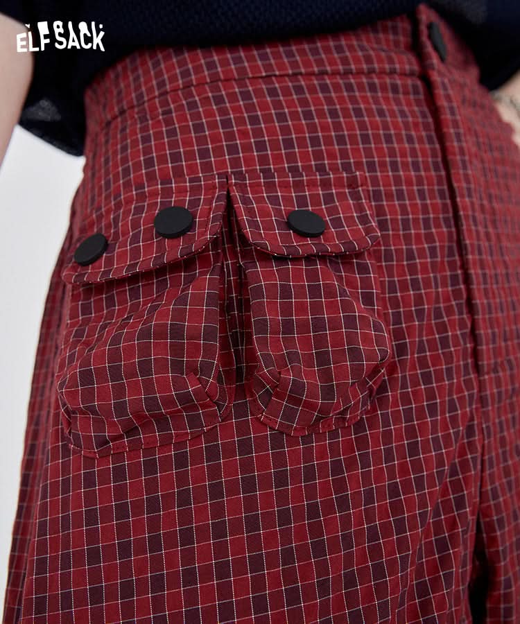ELFSACK Red Plaid High Waist Shorts