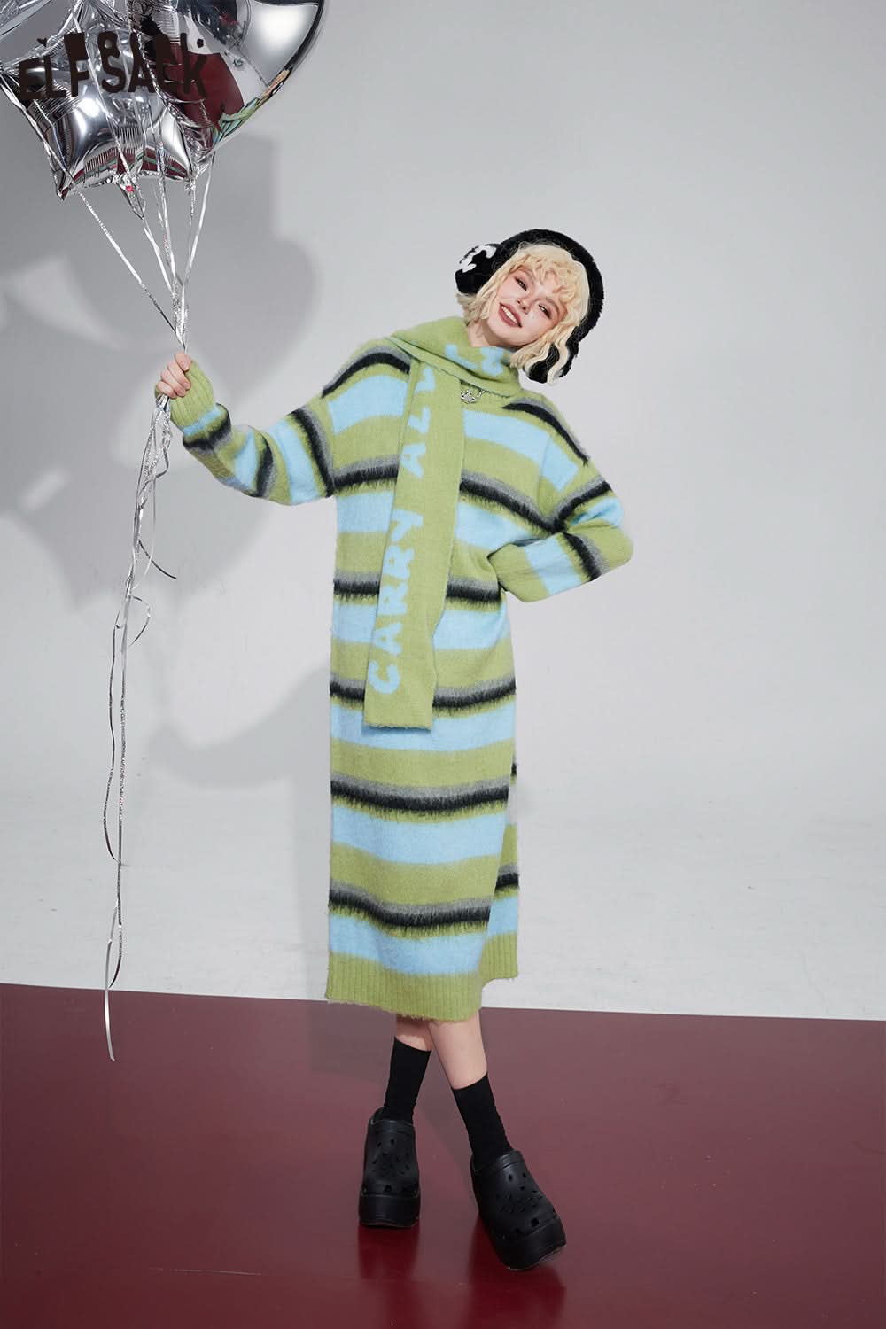 ELFSACK Free Scarf Striped Knitted Dresses Plus Size Korean Fashion Dresses