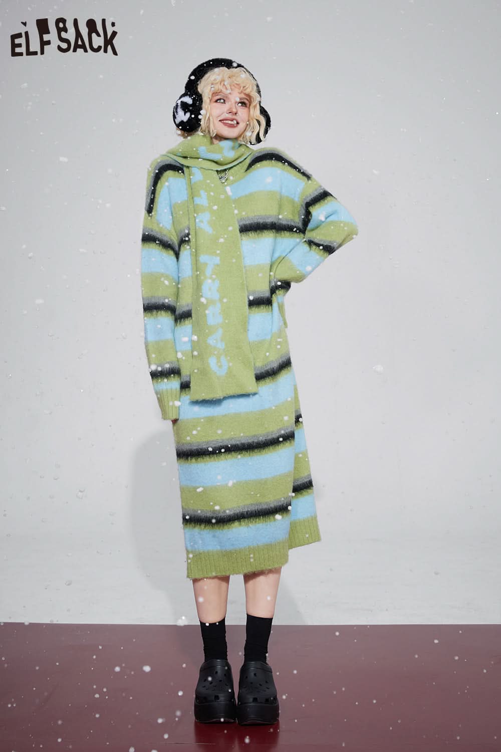 ELFSACK Free Scarf Striped Knitted Dresses Plus Size Korean Fashion Dresses