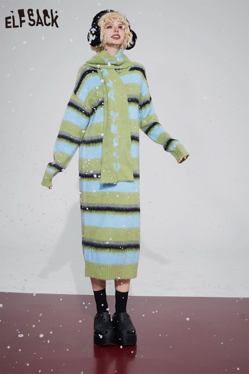 ELFSACK Free Scarf Striped Knitted Dresses Plus Size Korean Fashion Dresses