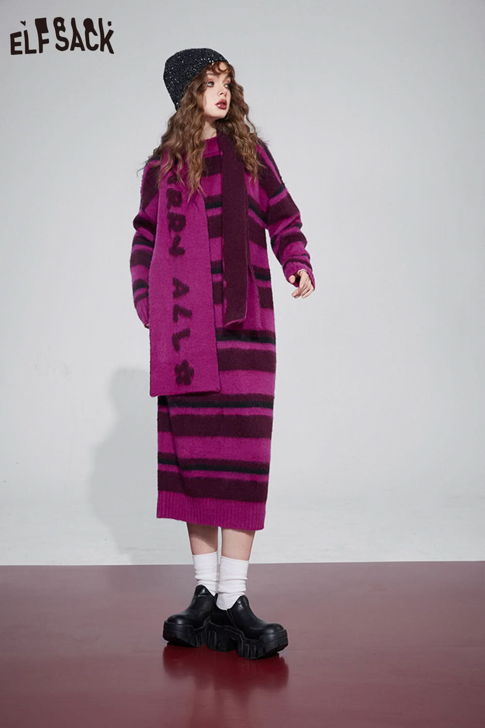 ELFSACK Free Scarf Striped Knitted Dresses Plus Size Korean Fashion Dresses