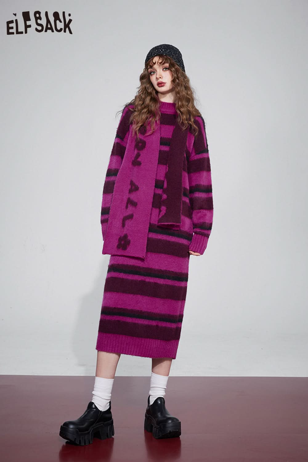 ELFSACK Free Scarf Striped Knitted Dresses Plus Size Korean Fashion Dresses