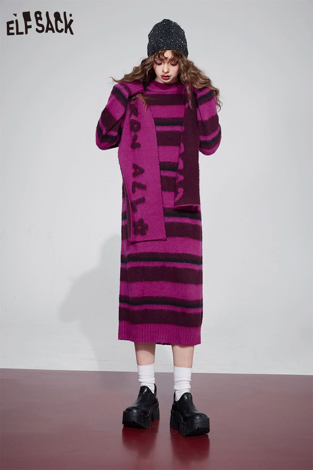 ELFSACK Free Scarf Striped Knitted Dresses Plus Size Korean Fashion Dresses