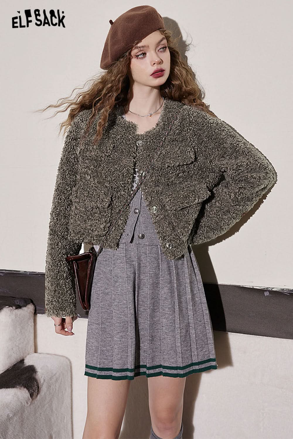 ELFSACK Imitation Lamb Hair Cotton Coats Women Vintage Warm Jackets