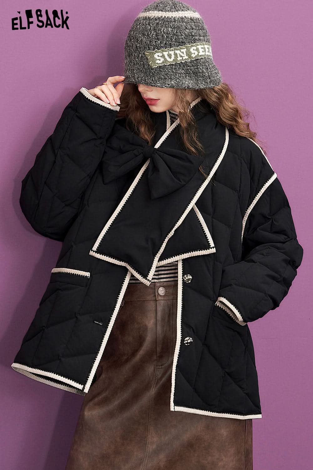 ELFSACK Warm Down Coats Women Elegant Bow Scarf Jackets