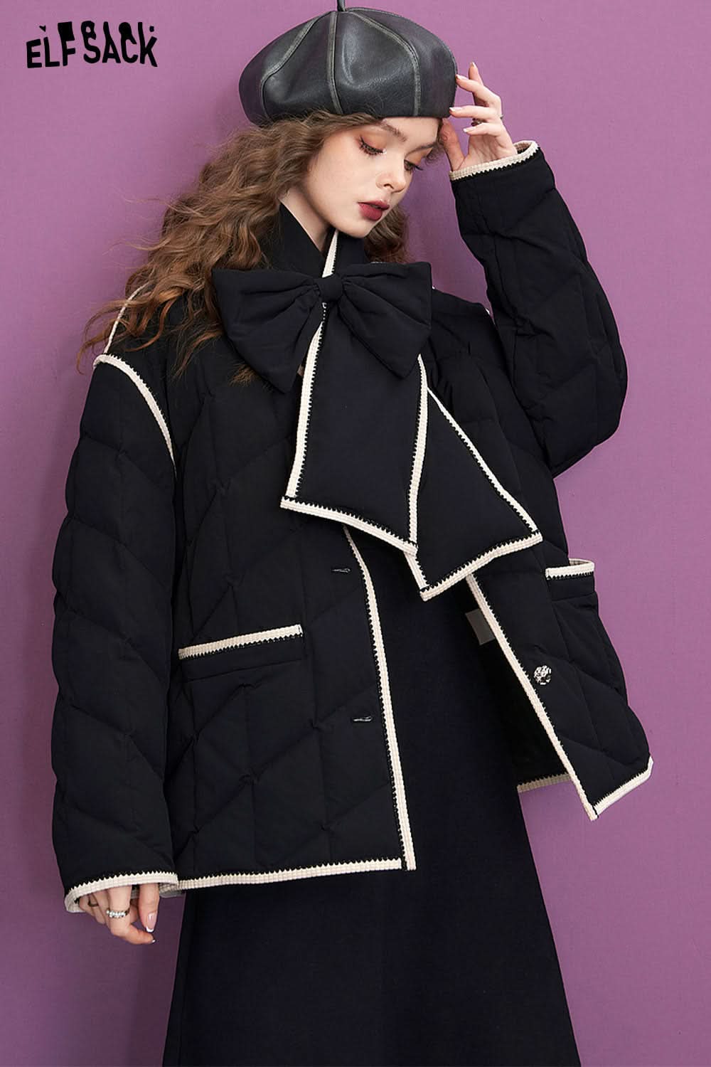 ELFSACK Warm Down Coats Women Elegant Bow Scarf Jackets