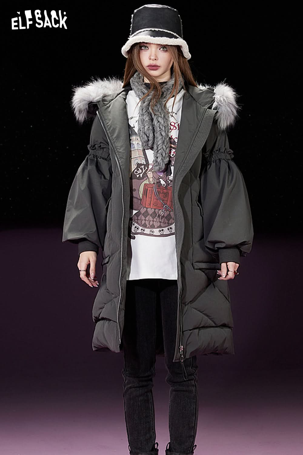 ELFSACK Detachable Hooded Warm Down Coats Women Mid-length Cargo Coats