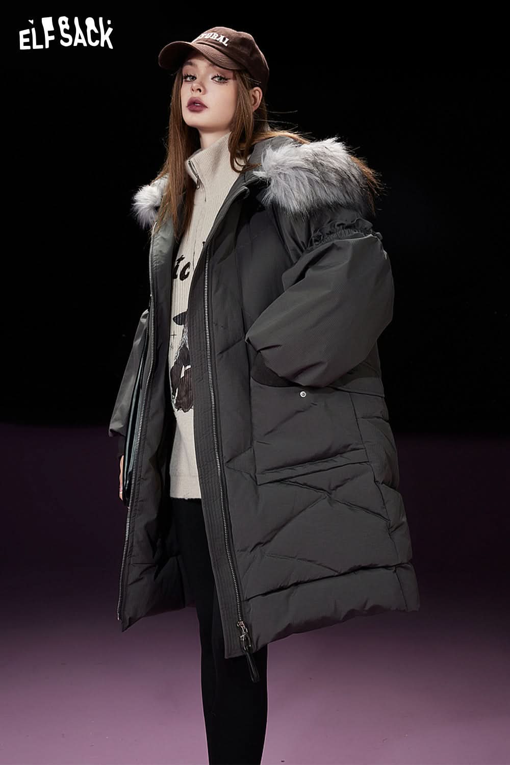 ELFSACK Detachable Hooded Warm Down Coats Women Mid-length Cargo Coats