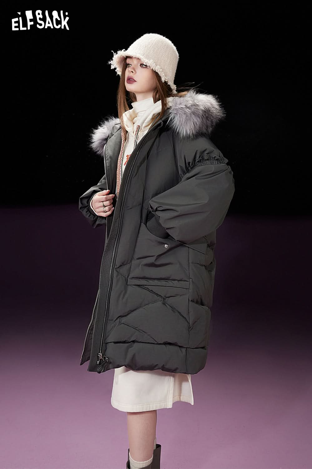 ELFSACK Detachable Hooded Warm Down Coats Women Mid-length Cargo Coats
