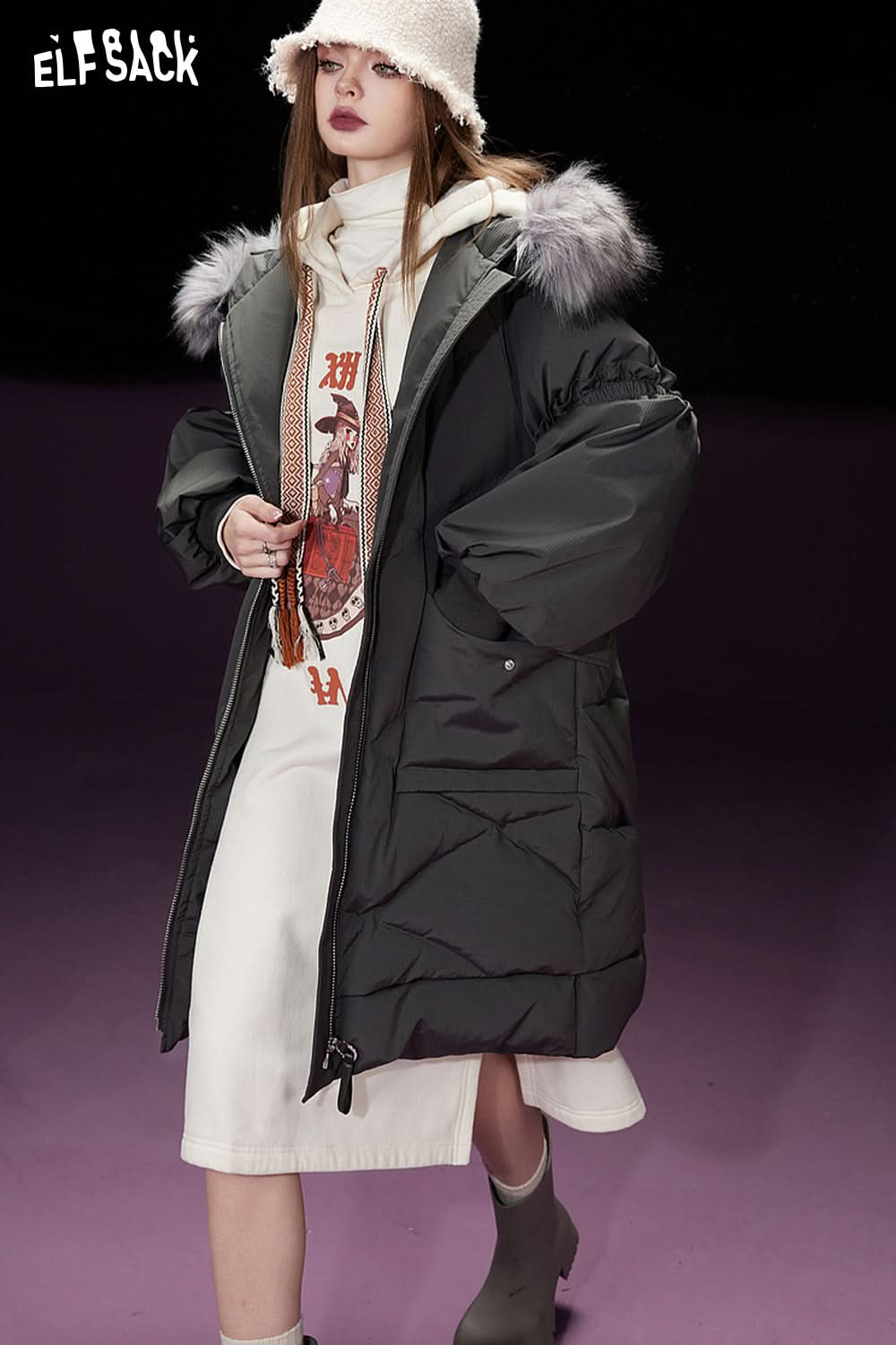 ELFSACK Detachable Hooded Warm Down Coats Women Mid-length Cargo Coats