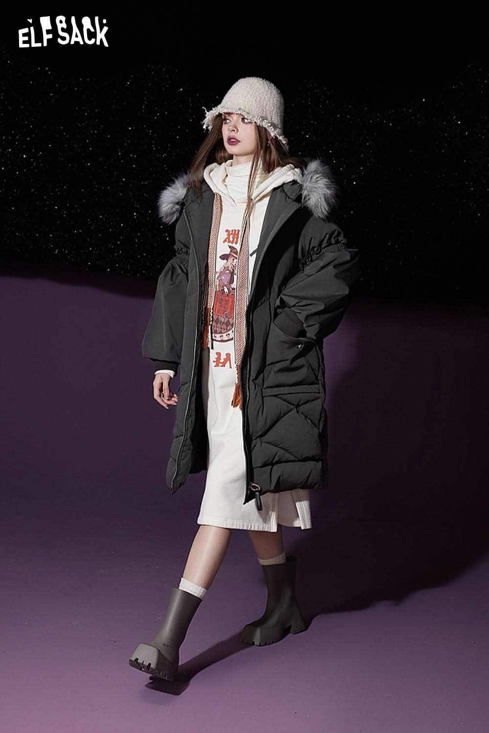 ELFSACK Detachable Hooded Warm Down Coats Women Mid-length Cargo Coats