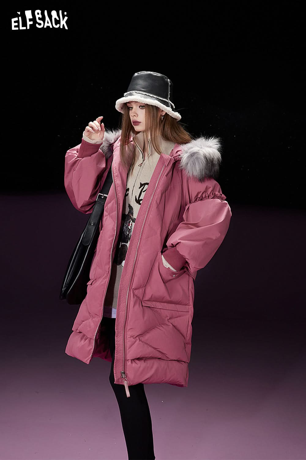 ELFSACK Detachable Hooded Warm Down Coats Women Mid-length Cargo Coats