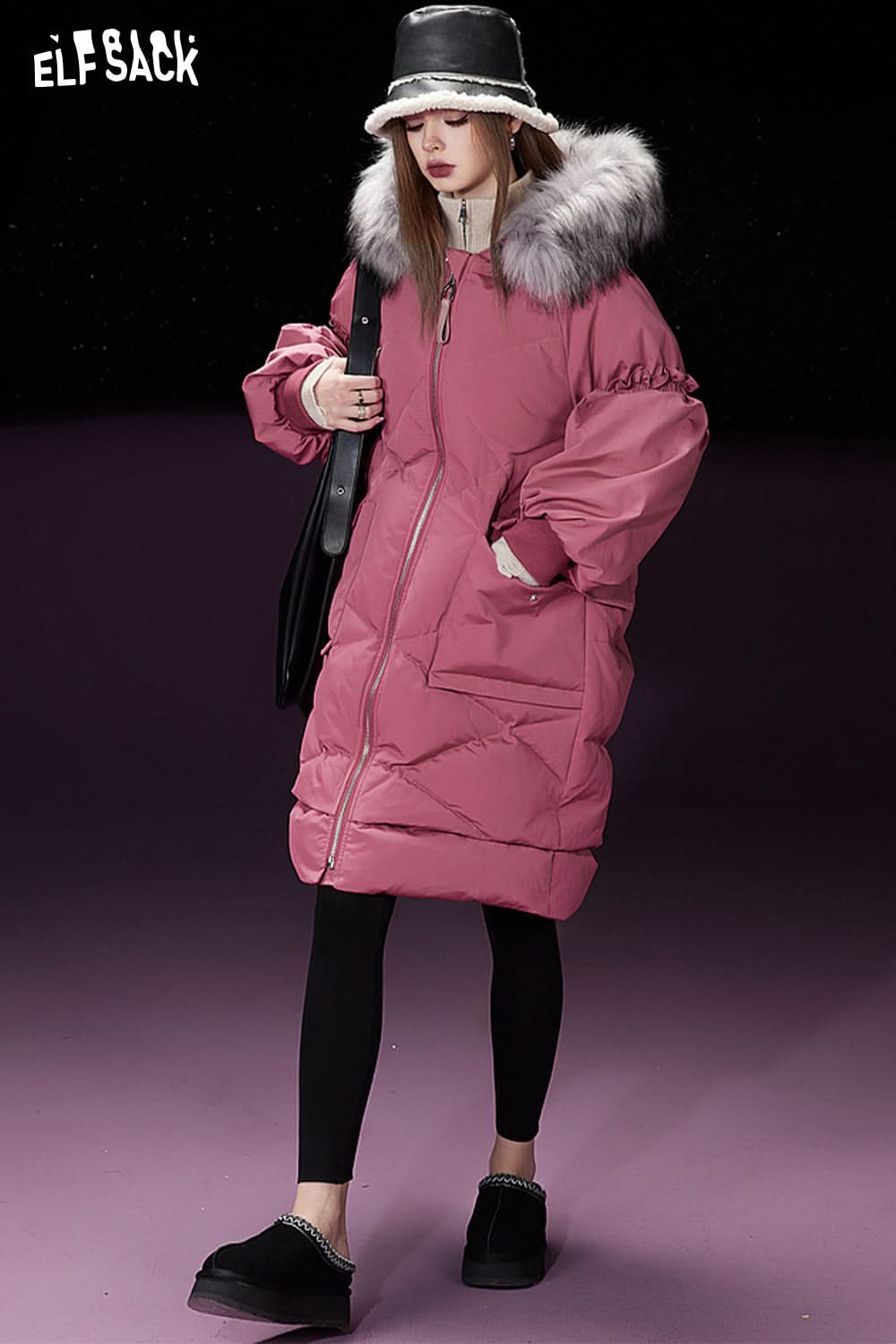 ELFSACK Detachable Hooded Warm Down Coats Women Mid-length Cargo Coats